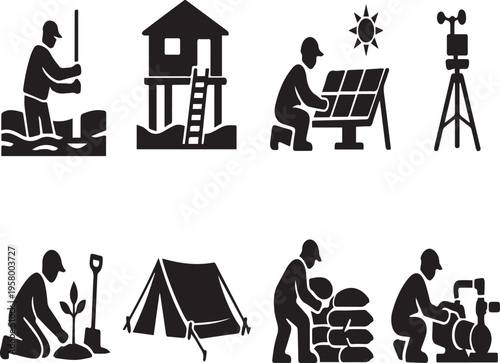 Set of Professional Vector Icons Representing Environmental Field Research, Climate Change Mitigation, Renewable Energy Installation, Disaster Relief Efforts, and Sustainable Living Practices.
