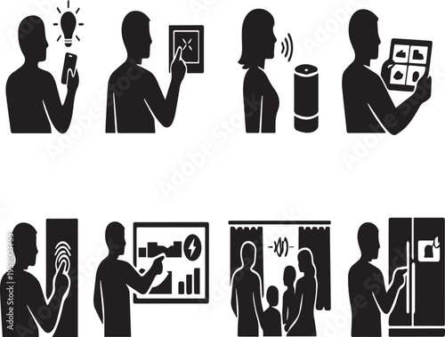 Comprehensive Set of Vector Silhouette Icons Representing Smart Home Technology and Home Automation Systems featuring People Using Devices like Tablets, Smartphones and Voice Assistants