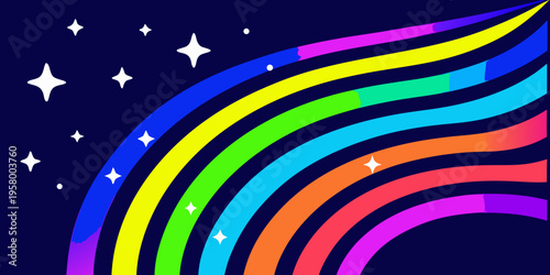 A vibrant stylized rainbow arcs across a dark star filled night sky