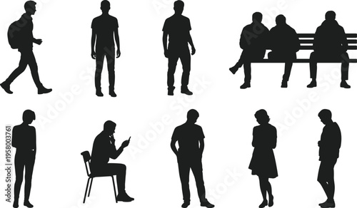 Silhouette collection of diverse people in everyday poses, standing, walking, sitting, and interacting, perfect for design, illustration, and creative projects