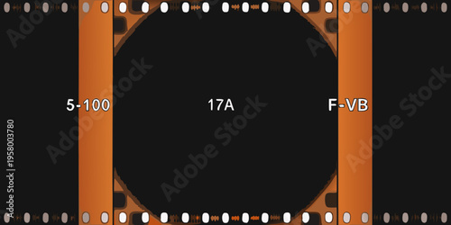 A single frame of orange filmstrip with numbering and identification codes