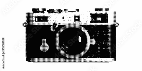Vintage rangefinder camera illustration in black and white halftone style