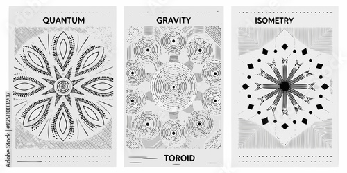 Foto Three abstract panels featuring geometric patterns and scientific terminology