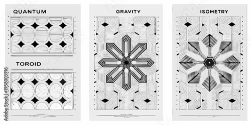 Four abstract geometric panels labeled quantum gravity isometry and toroid