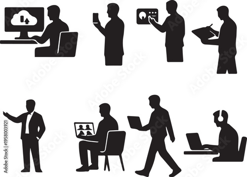 Professional Business People Silhouettes Using Technology for Work and Digital Communication, Featuring Office Employees with Laptops, Smartphones, and Cloud Computing Icons Vector Set