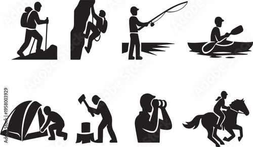 Set of Outdoor Adventure Activity Silhouettes Featuring Hiking, Rock Climbing, Fishing, Kayaking, Camping, Wood Chopping, Bird Watching, and Horse Riding Icons for Design and Web