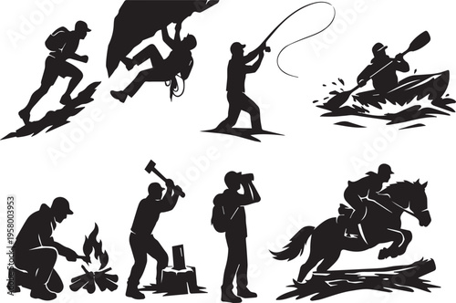 Set of Outdoor Adventure Silhouettes Featuring Hiking, Rock Climbing, Fishing, Kayaking, Campfire, Wood Chopping, Birdwatching, and Horseback Riding for Creative Sports and Leisure Designs