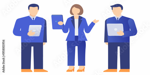 Three business professionals interacting with digital devices in a flat design