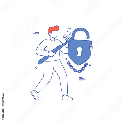 Man Brushing Teeth Protecting a Padlock Symbol.