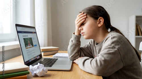 Stressed Young Girl with Hand on Forehead Overwhelmed by Online Learning and Homework at Home
