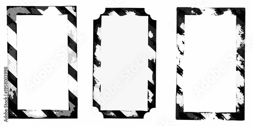 Three rectangular frames with black and white distressed patterns