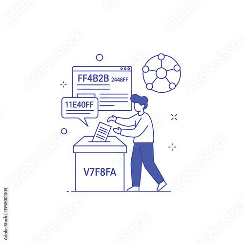 Man casting vote in ballot box with digital elements.