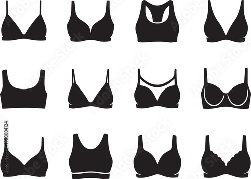 Set of Women Bra Silhouette Icons - Collection of Different Lingerie Styles, Sports Bras, Push-up, and Underwear Vector Illustrations for Fashion Design and E-commerce Graphics