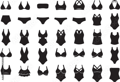 Comprehensive Collection of Women's Swimwear Silhouettes: Various Bikini Tops, Bottoms, and One-Piece Swimsuit Icons for Fashion Design, Beachwear Catalog, and Lingerie Web Graphics.