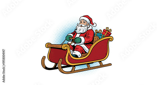 Santa Claus joyfully riding in a red sleigh filled with colorful gifts, cartoon illustration on a white background with festive holiday spirit