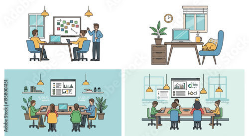 Diverse team collaborating in modern office settings.