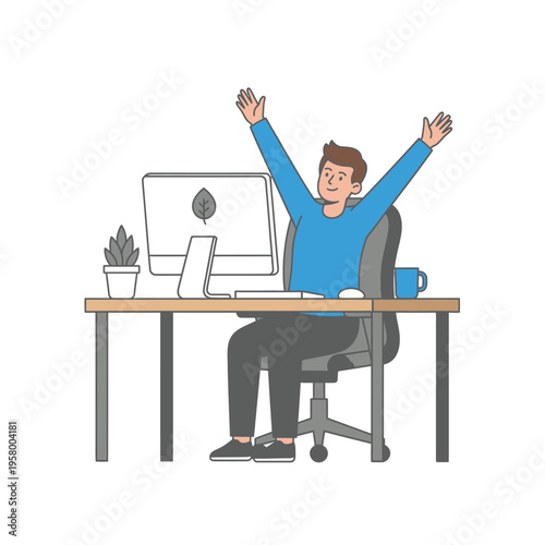 Man celebrating success at his office desk.