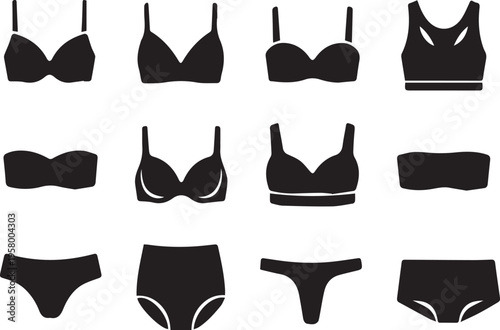 Comprehensive Collection of Women's Underwear Icons Vector Illustration featuring Bra and Panty Silhouettes like Sports Bra Thong Bikini and Bandeau for Fashion Design and Web Graphics