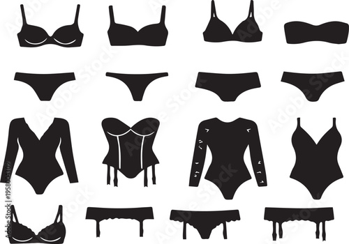 Comprehensive Collection of Women's Lingerie and Underwear Silhouettes Featuring Bras, Panties, Bodysuits, and Corsets for Fashion Design and Graphic Projects in Vector Format.