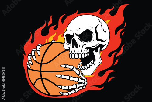 Skeleton holding basketball surrounded by fiery flames graphic design illustration