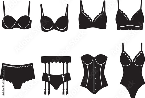 Set of Women Lingerie Vector Icons Collection Featuring Elegant Bra, Panties, Corset, Garter Belt, and Bodysuit Silhouettes for Fashion Design, Web Graphics, and Underwear Apparel Styling
