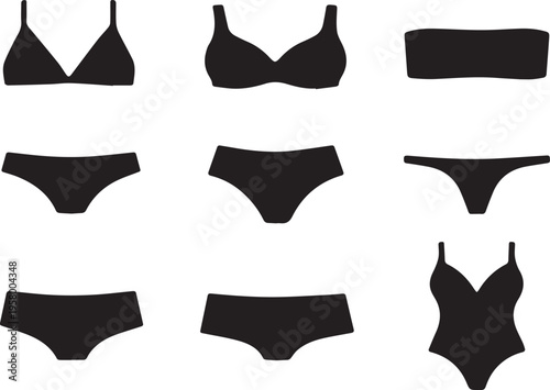 Collection of Women's Swimwear and Underwear Silhouettes Including Bikini Tops, Bottoms, One-Piece Swimsuits, and Lingerie Icons for Fashion Design, Web Graphics, and Summer Apparel Projects.