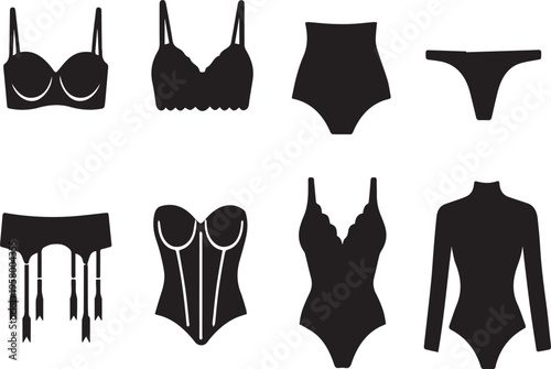Premium Collection of Women Lingerie Silhouette Icons Featuring Sexy Bras Panties Corsets Bodysuits and Underwear Set for Fashion Design and E-commerce Product Illustration Vector Art