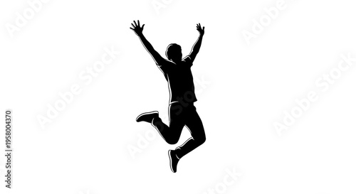 Silhouette of a joyful person jumping with arms raised in celebration.