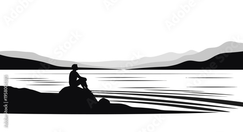 Silhouette of a lone person sitting by the water, contemplating the vastness.