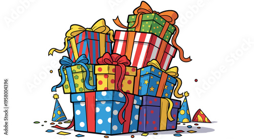 Colorful stack of wrapped gift boxes with festive ribbons and bows, featuring polka dots and stripes, set against a white background with party elements