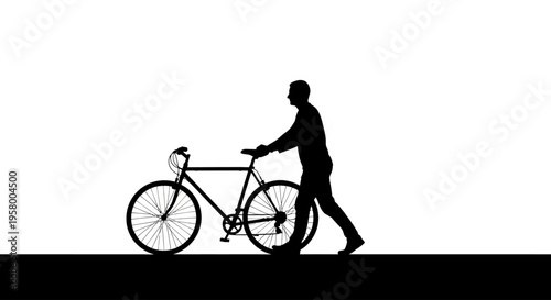 Silhouette of a man pushing a bicycle on a white background.