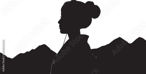 Elegant Silhouette of a Japanese Geisha in Traditional Attire Profile against Scenic Mountain Range, Minimalist Vector Illustration for Travel Culture and Artistic Heritage Design Projects