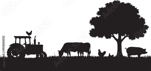 Farm Animals Silhouette Landscape with Tractor, Cows, Pig, and Chickens under a Large Tree. Rural Agricultural Vector Illustration for Countryside Farming and Organic Livestock.