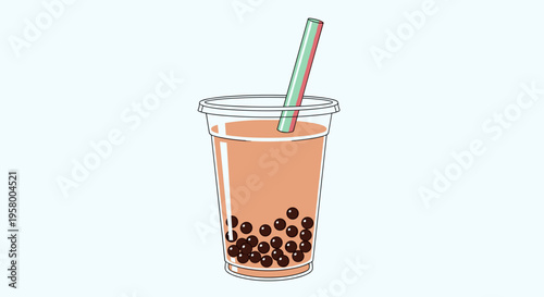 Illustration of a bubble tea drink with tapioca pearls in a transparent cup, featuring a colorful straw, set against a light blue background