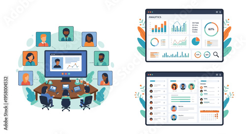 Diverse Team Collaborating in Virtual and In-Person Meetings with Data Analytics.