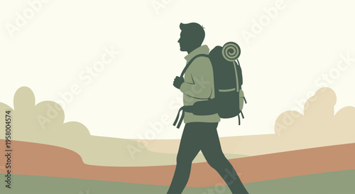 Silhouette of a man with a backpack walking outdoors, enjoying nature.