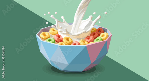 Colorful geometric bowl filled with vibrant cereal as milk splashes dynamically against a pastel green background, creating a lively morning scene