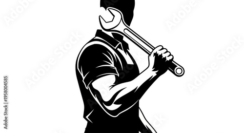 Silhouette of a Mechanic Holding a Wrench Ready for Work.