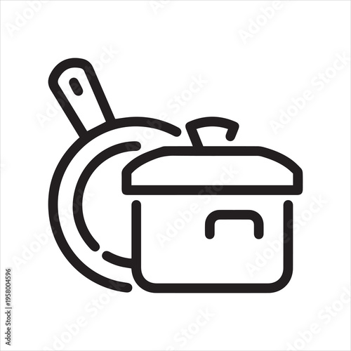 Outline Icon Stock Pot and Pan, Frying Pan and Saucepan With Lid. Such Line Sign as Kitchenware, Cooking Utensils, Tableware, Kitchen Items For Cooking. Vector Isolated Pictogram on White Background.