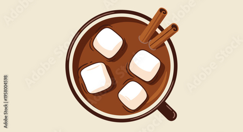 Top view of a cozy hot cocoa mug filled with marshmallows and cinnamon sticks, set against a warm beige background in a minimalist illustration style