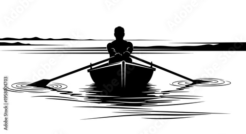 Silhouette of a person rowing a boat on calm water.