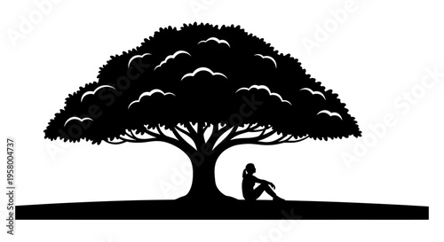 Silhouette of a person sitting under a large tree.
