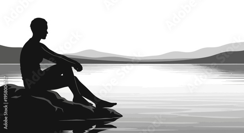 Silhouette of a person sitting on a rock by the water.
