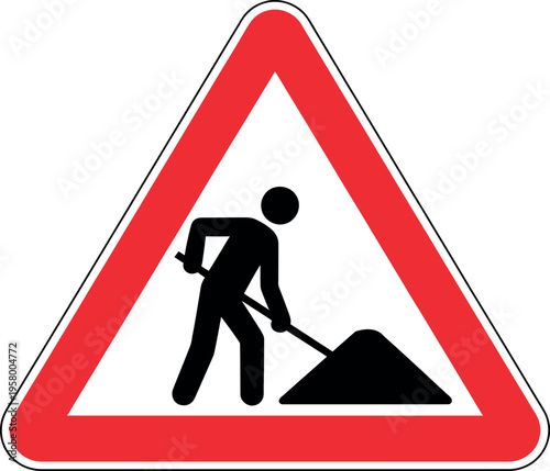 Warning sign indicating road construction work with a person shoveling dirt.