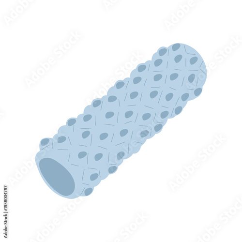 Blue textured foam roller for muscle recovery and myofascial release, flat vector illustration
