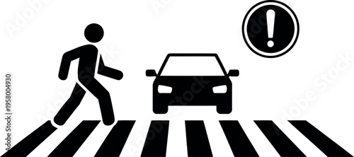 Pedestrian crossing with caution warning near vehicle on road.