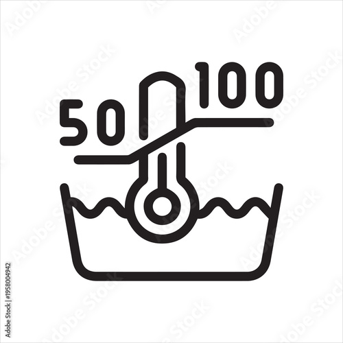 Outline Icon With Numbers, Bowl With Hot Water and Thermometer. Such Line sign as High Liquid Temperature From 50 to 100 Degrees, Machine Wash Temperature 50-100 C. Vector Isolated Pictogram Stroke.