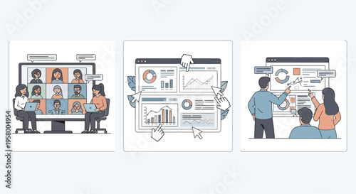 Diverse Team Collaborating in Virtual Meeting and Analyzing Business Data.