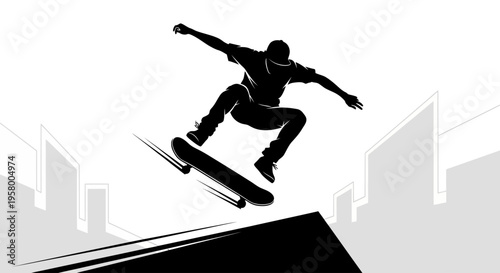 Silhouette of a skateboarder performing a trick in mid-air.