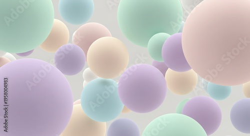柔らかな光に満ちた空間で多種多様なパステルカラーの球体が大小様々に軽やかに漂う幻想的な抽象アート穏やかで心地よい雰囲気が心を和ませる